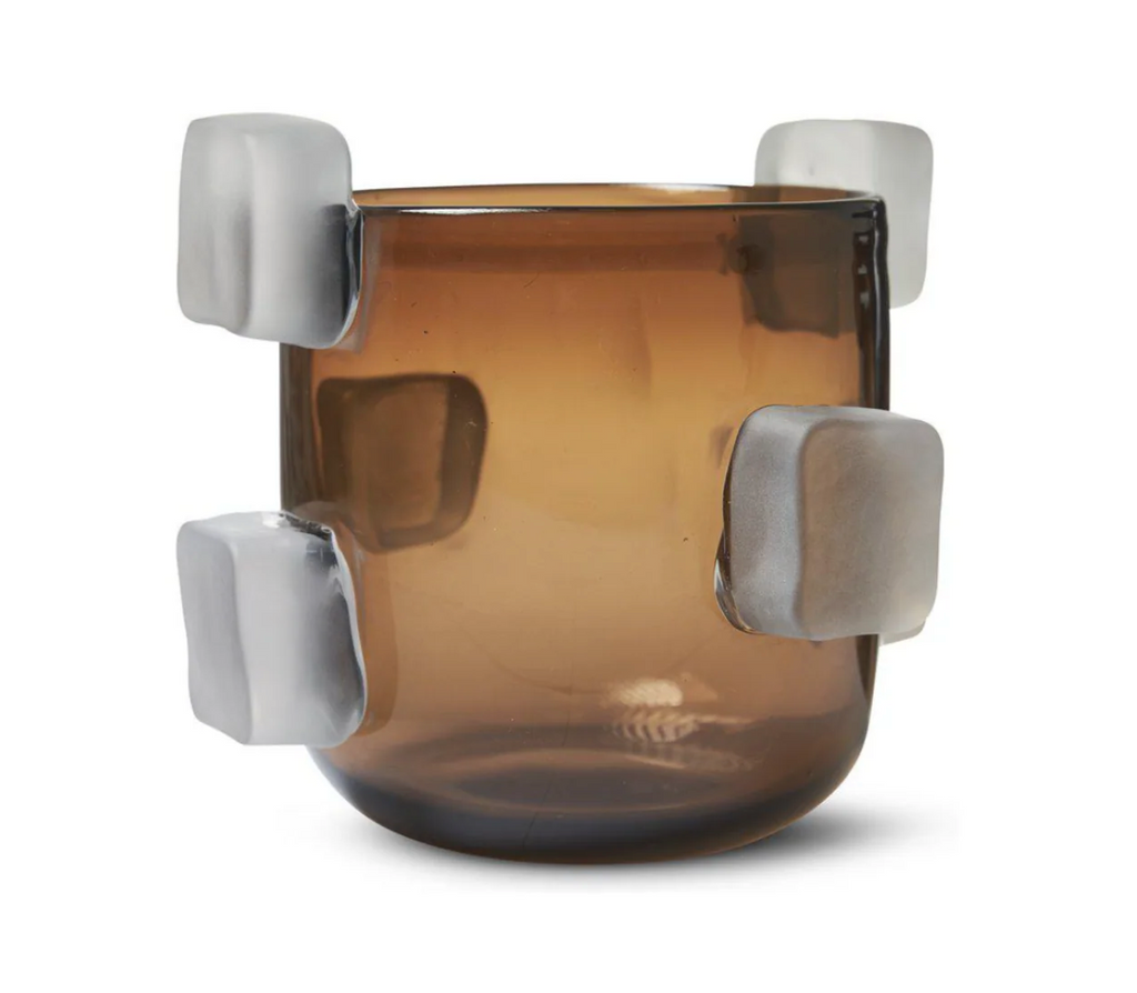 Large "Faceted Cube" Art Glass Vase – Cognac Colored Glass with Applied Frosted Cubes