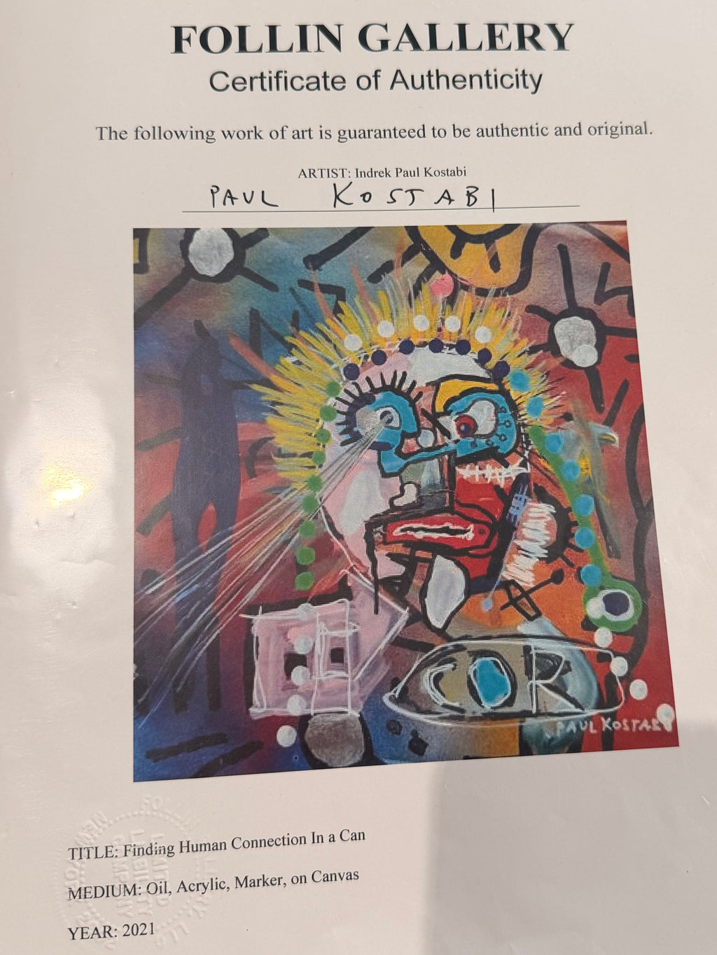 Tableau Street Art « Finding Human Connection In a Can » (2021) par Paul Kostabi – Œuvre Originale Unique, Huile & Acrylique