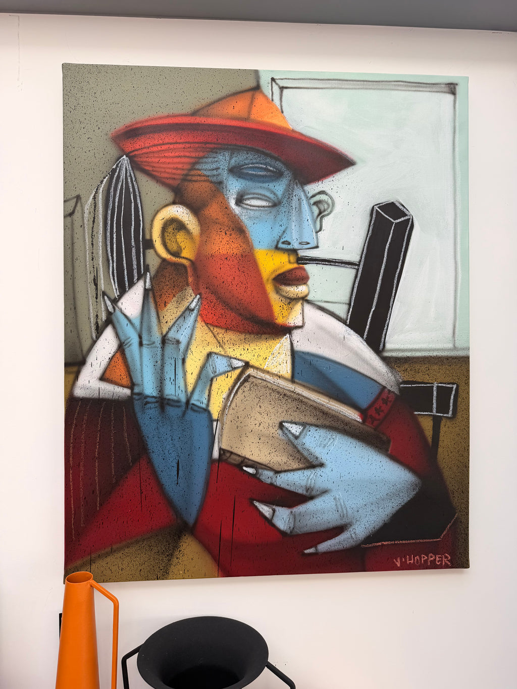 Tableau Street Art « Homme au livre » (2021) par Jone Hopper – Œuvre Originale Unique, Style Néo-Cubiste (65 x 81 cm)