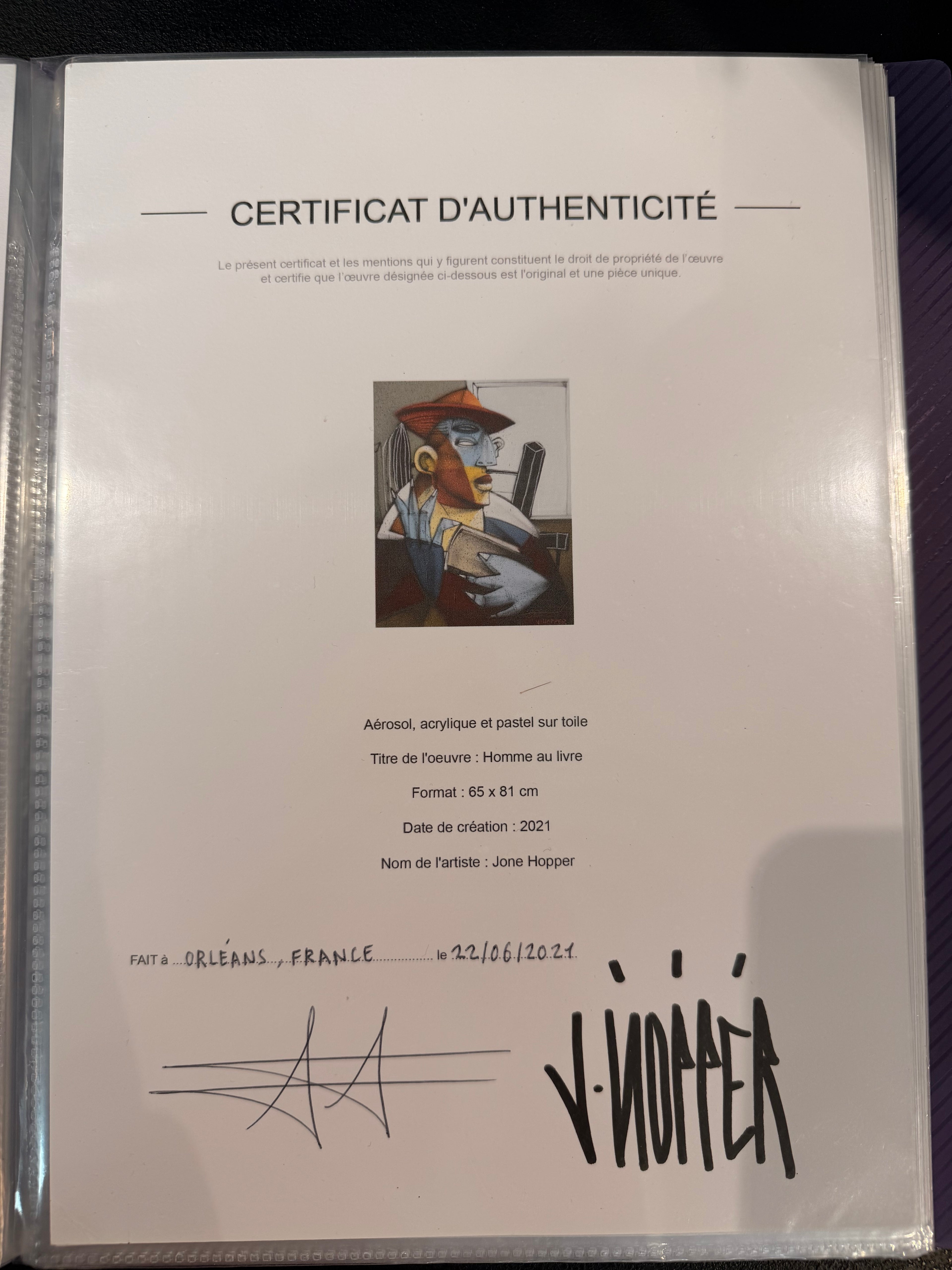 Tableau Street Art « Homme au livre » (2021) par Jone Hopper – Œuvre Originale Unique, Style Néo-Cubiste (65 x 81 cm)