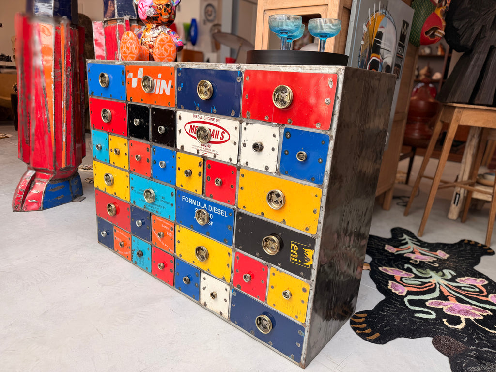 Industrial Cabinet with 34 Drawers – Unique Upcycled Piece Made from Hydrocarbon & Engine Oil Barrels