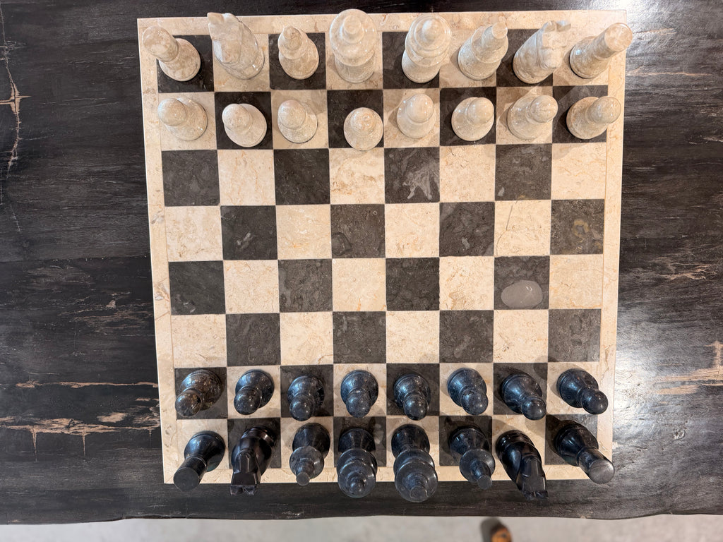 Prestige Solid Marble Chess Board – Complete Sculpted Chess Set, Imperial Black and Veined Cream Tones, Classic Chic Style