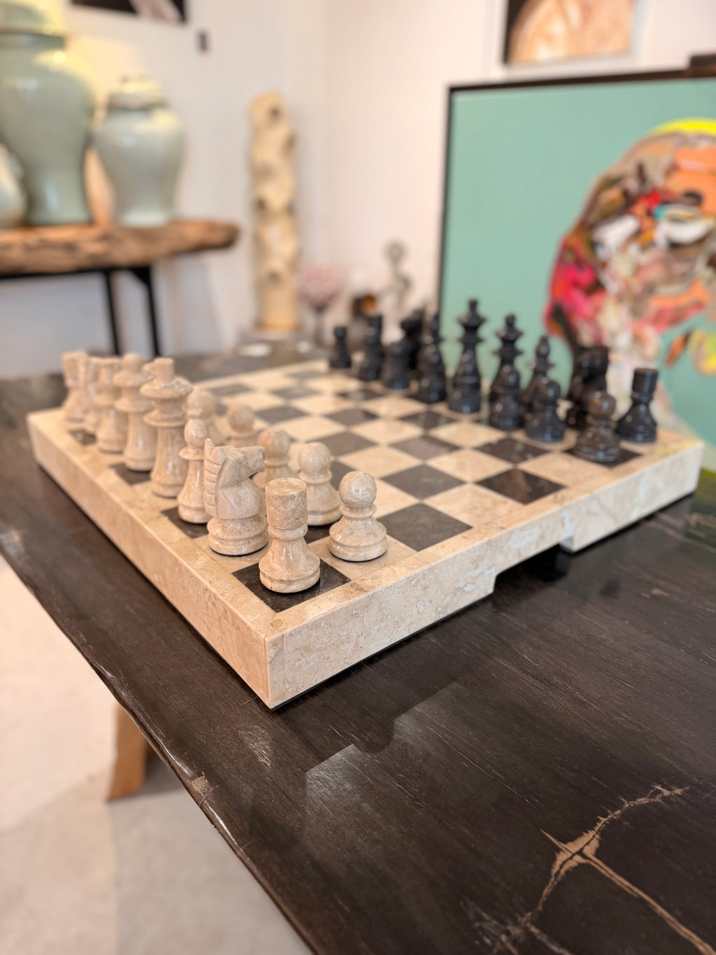 Prestige Solid Marble Chess Board – Complete Sculpted Chess Set, Imperial Black and Veined Cream Tones, Classic Chic Style