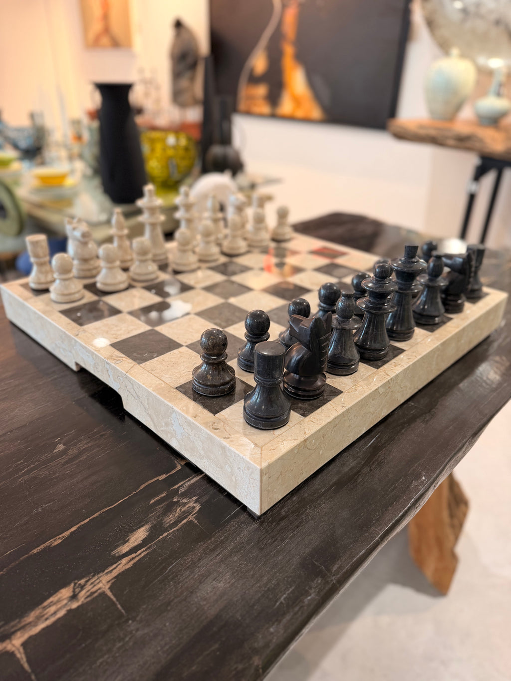 Prestige Solid Marble Chess Board – Complete Sculpted Chess Set, Imperial Black and Veined Cream Tones, Classic Chic Style