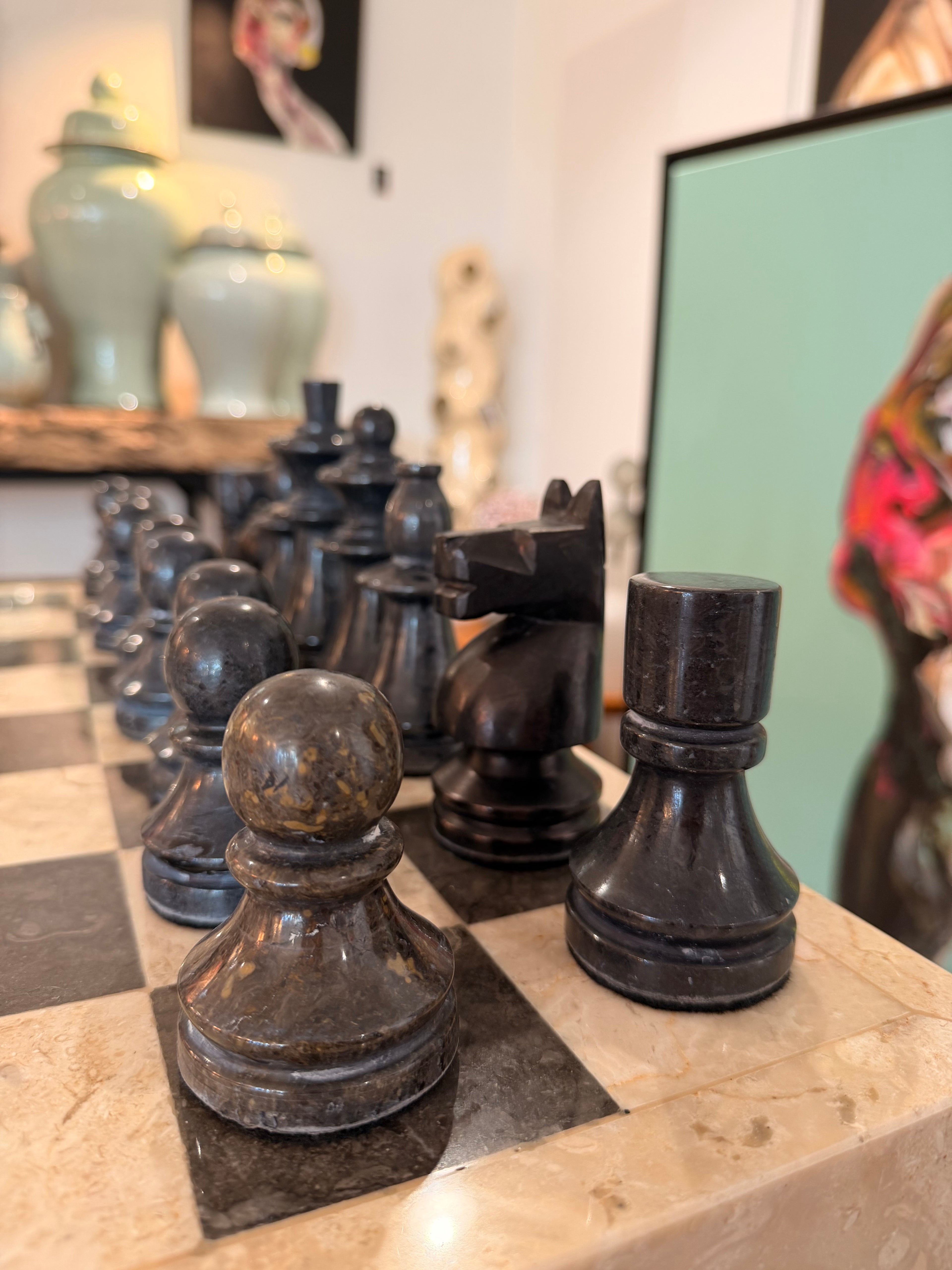 Prestige Solid Marble Chess Board – Complete Sculpted Chess Set, Imperial Black and Veined Cream Tones, Classic Chic Style
