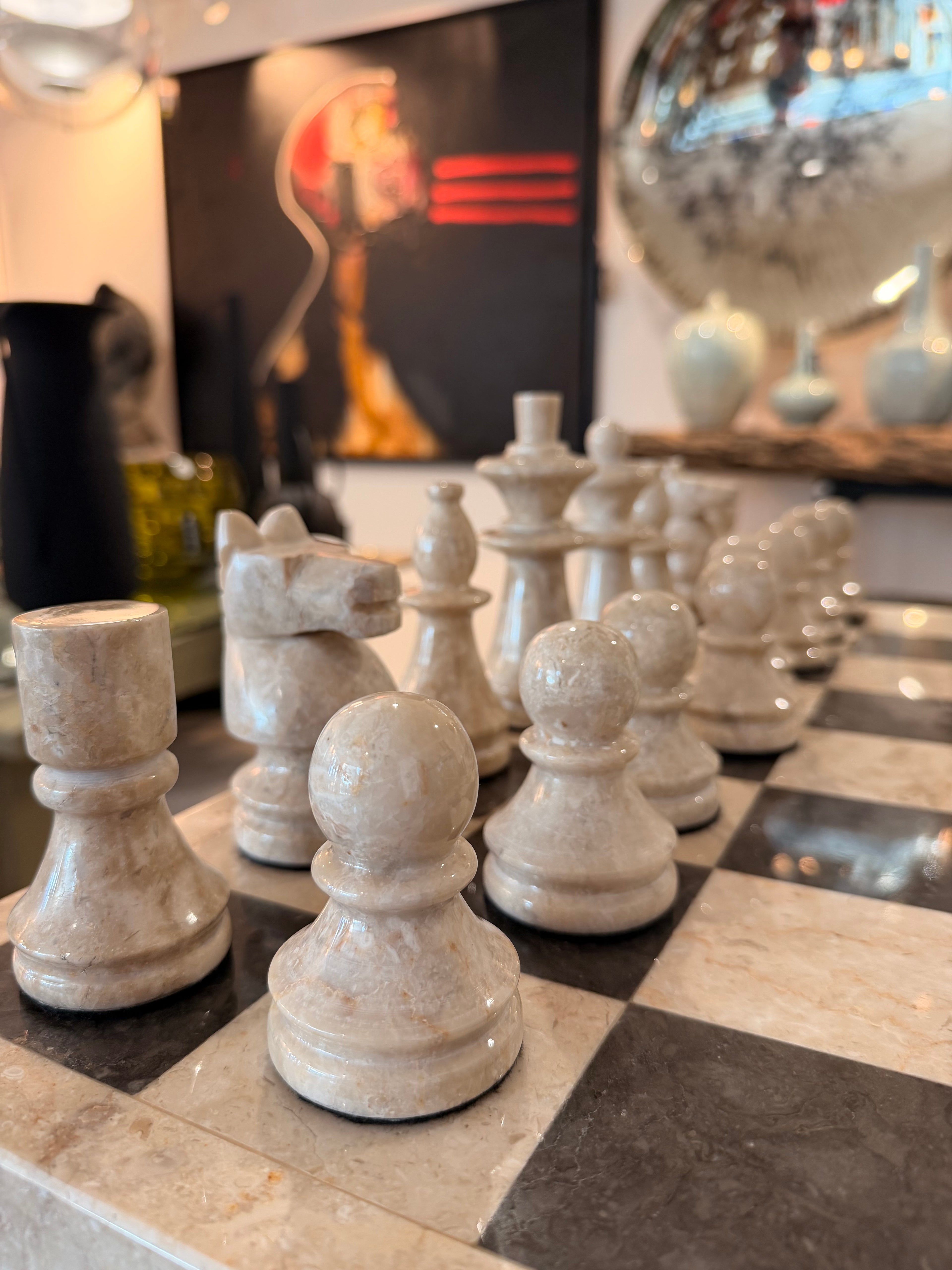 Prestige Solid Marble Chess Board – Complete Sculpted Chess Set, Imperial Black and Veined Cream Tones, Classic Chic Style