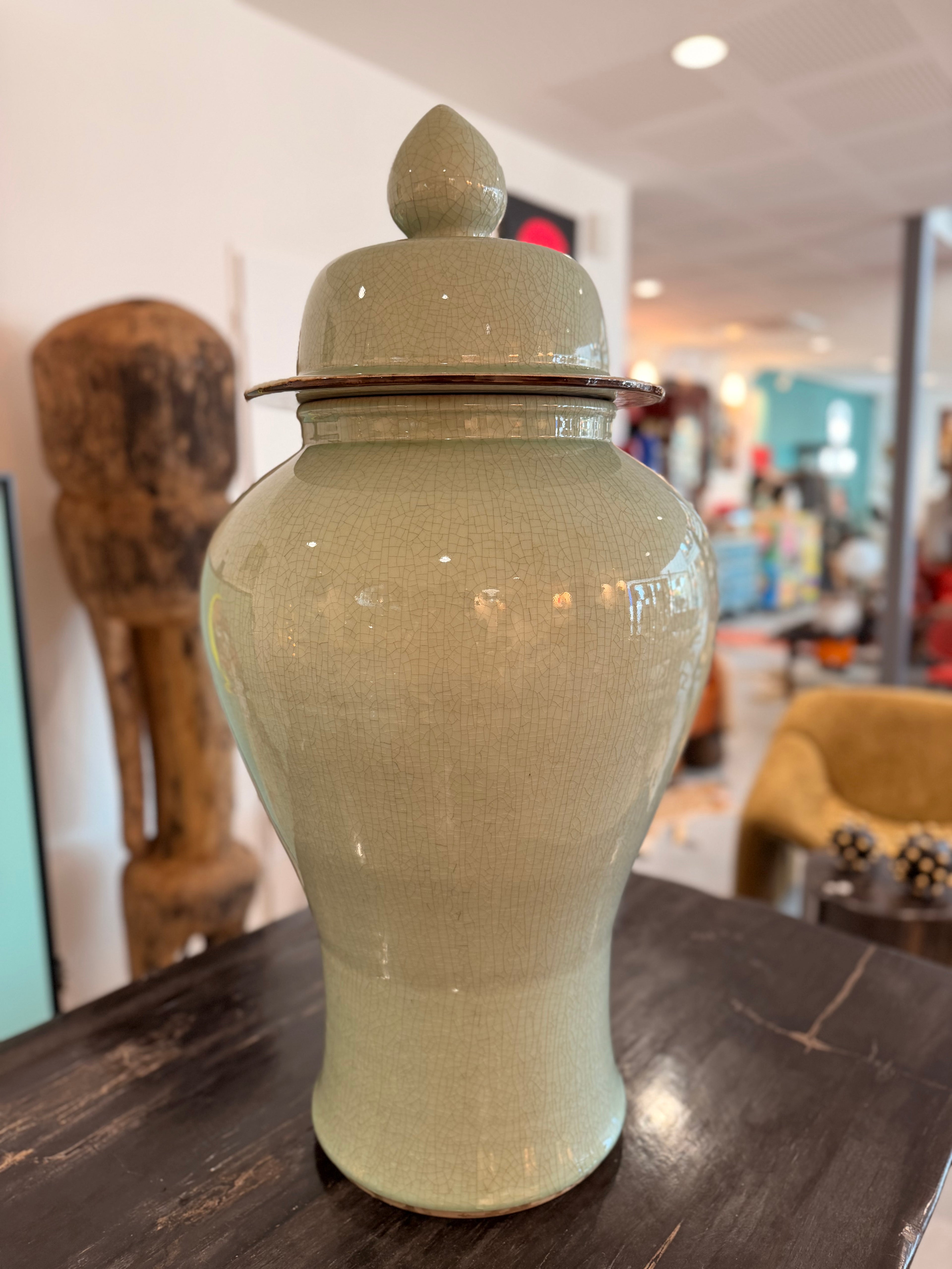 "Palatial" Crackled Celadon Temple Jar