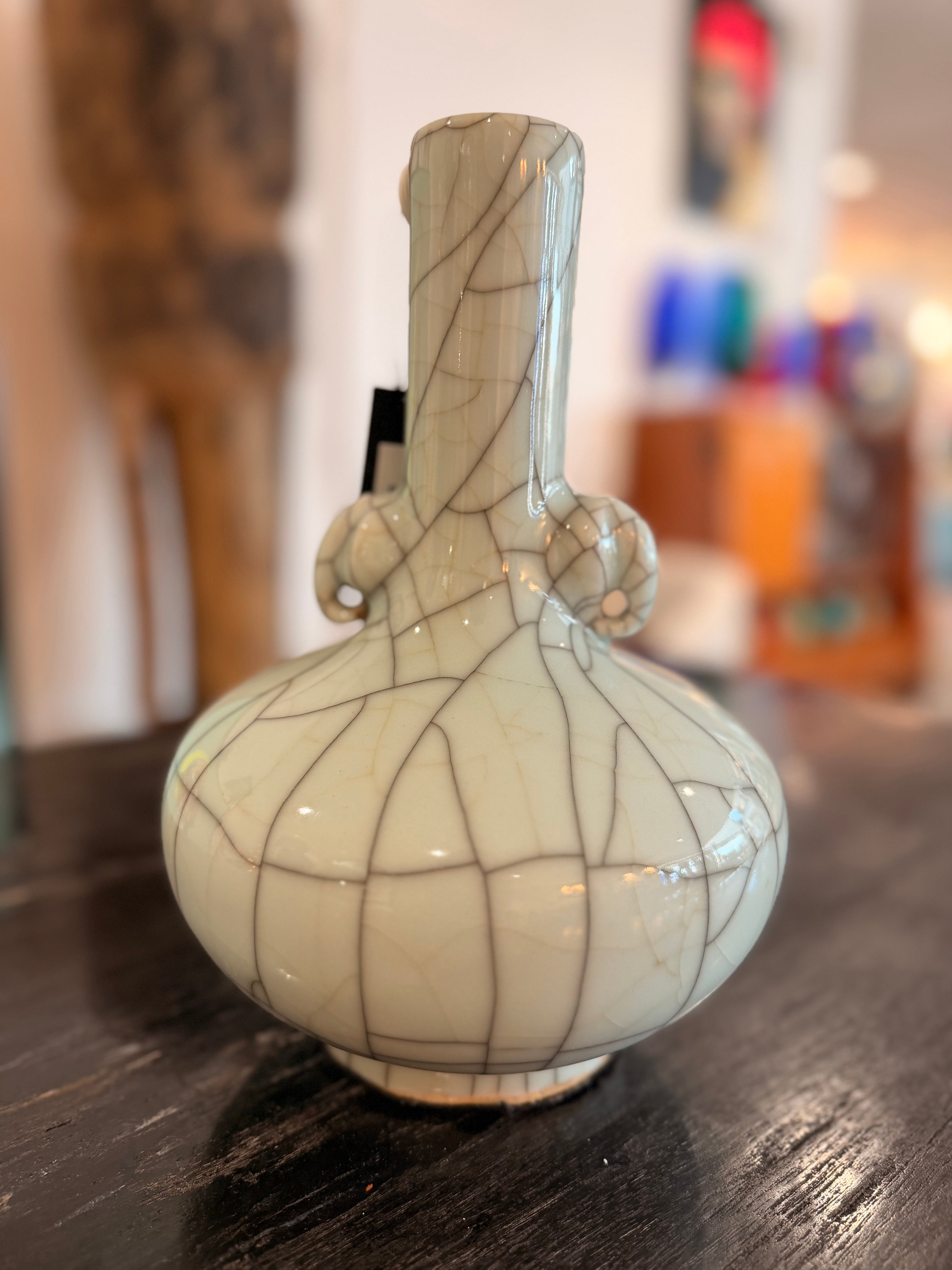 Bottle Vase with Flared Neck and Scrolling Handles in Crackled Celadon