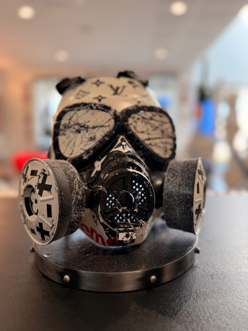 Sculpture "GAS MASK" Street Art – An exclusive creation by OPIUS | Custom Louis Vuitton x Supreme Edition