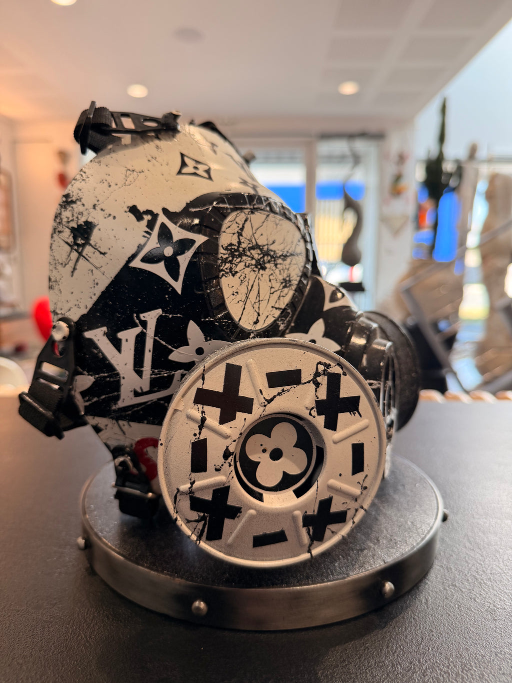 Sculpture "GAS MASK" Street Art – An exclusive creation by OPIUS | Custom Louis Vuitton x Supreme Edition