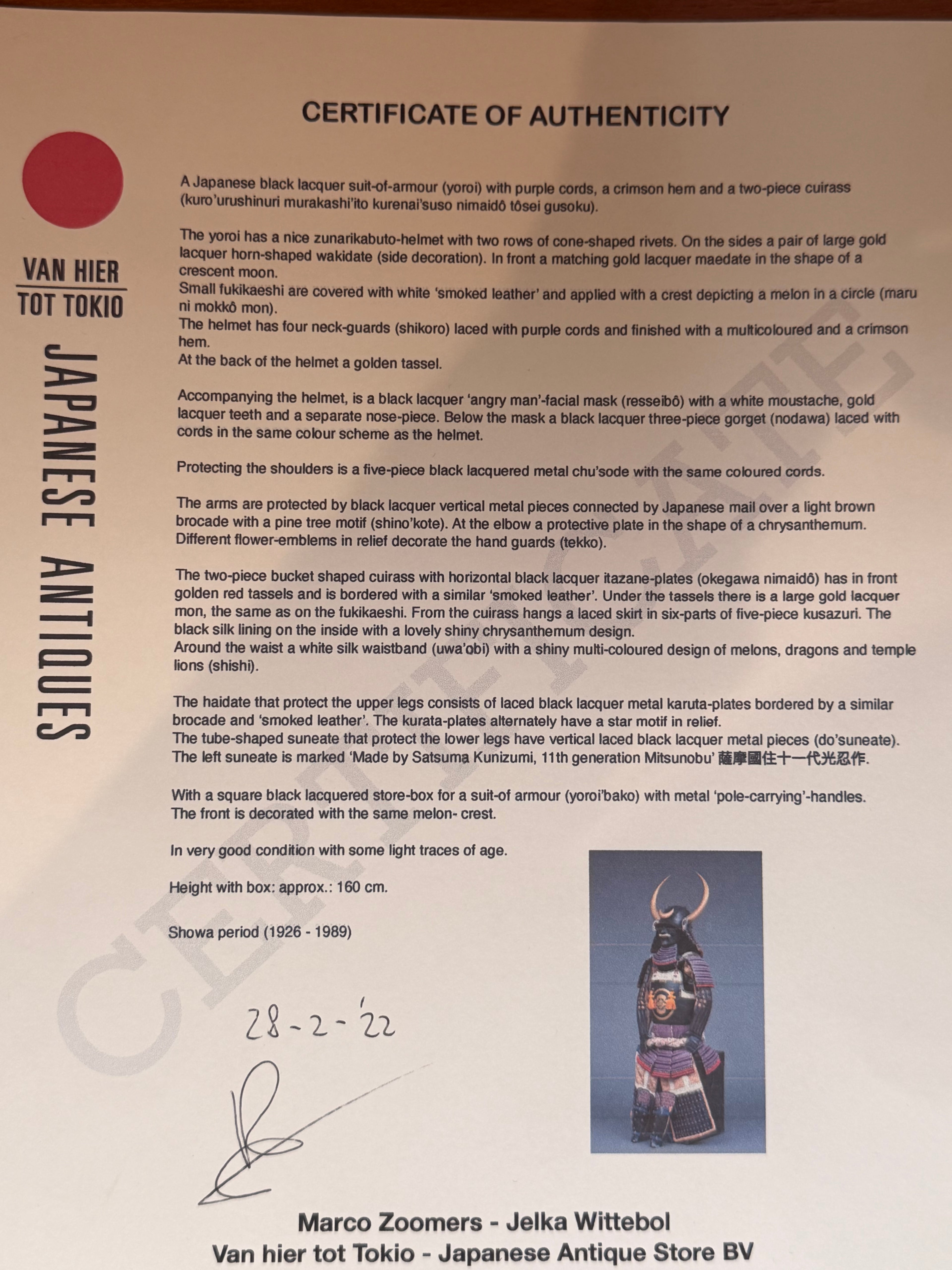 Armure de Samouraï Japonaise Complète (Yoroi) – Époque Taisho / Showa – Signée Satsuma Kunizumi (Certificat Inclus)