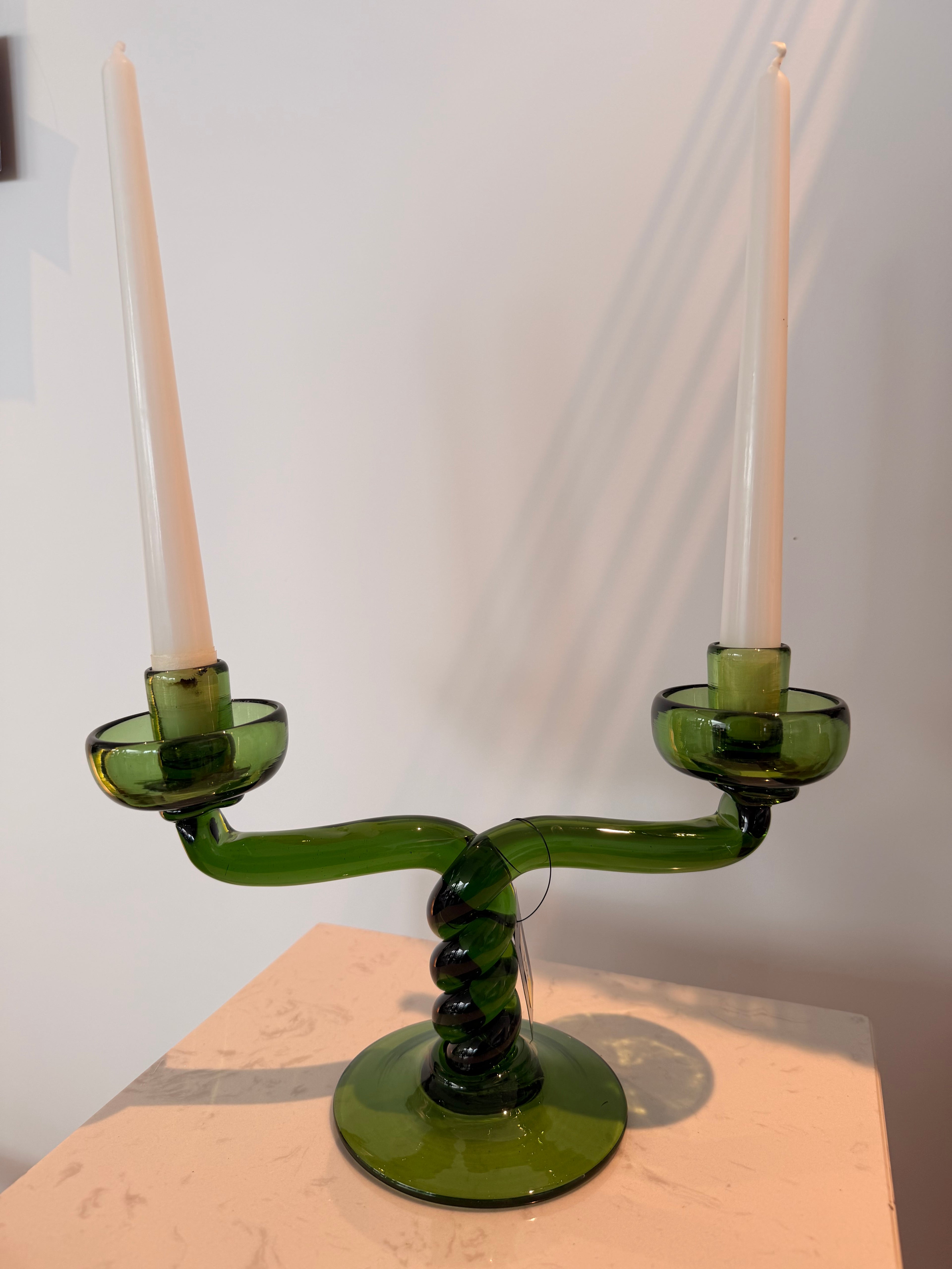 Double Twisted Blown Glass Candelabra – Forest Green