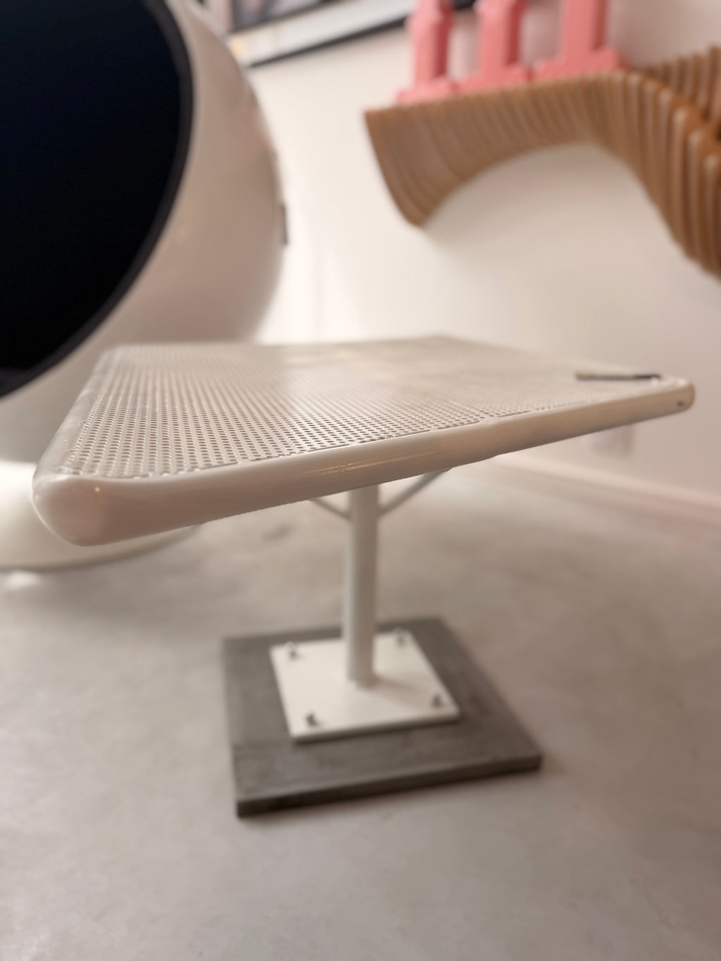White Perforated Metal Designer Coffee Table – Modernist / Matégot Style