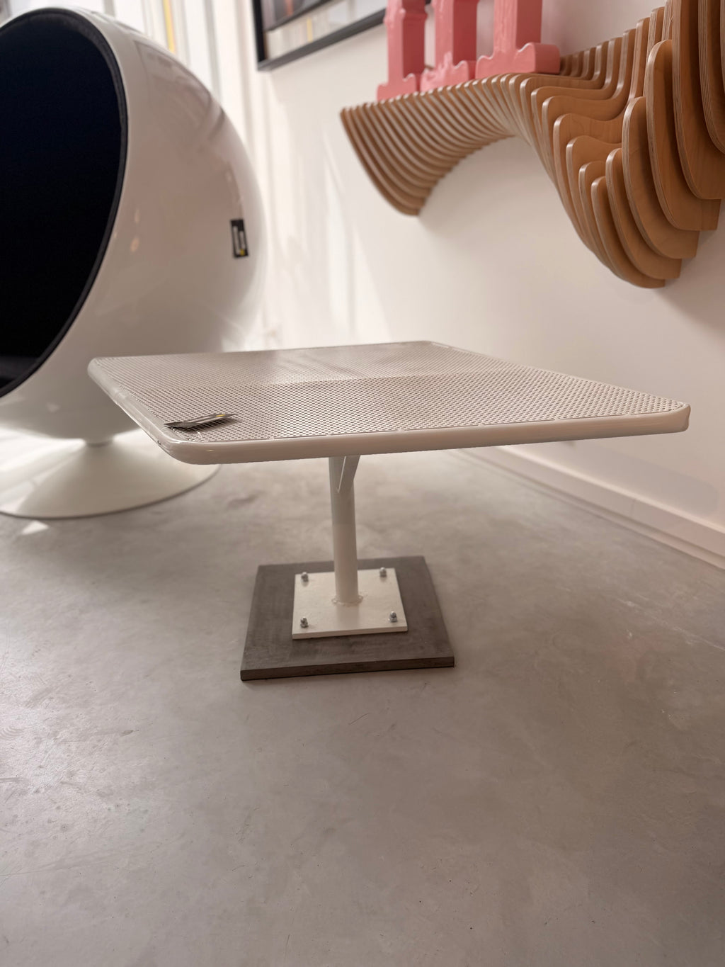 White Perforated Metal Designer Coffee Table – Modernist / Matégot Style