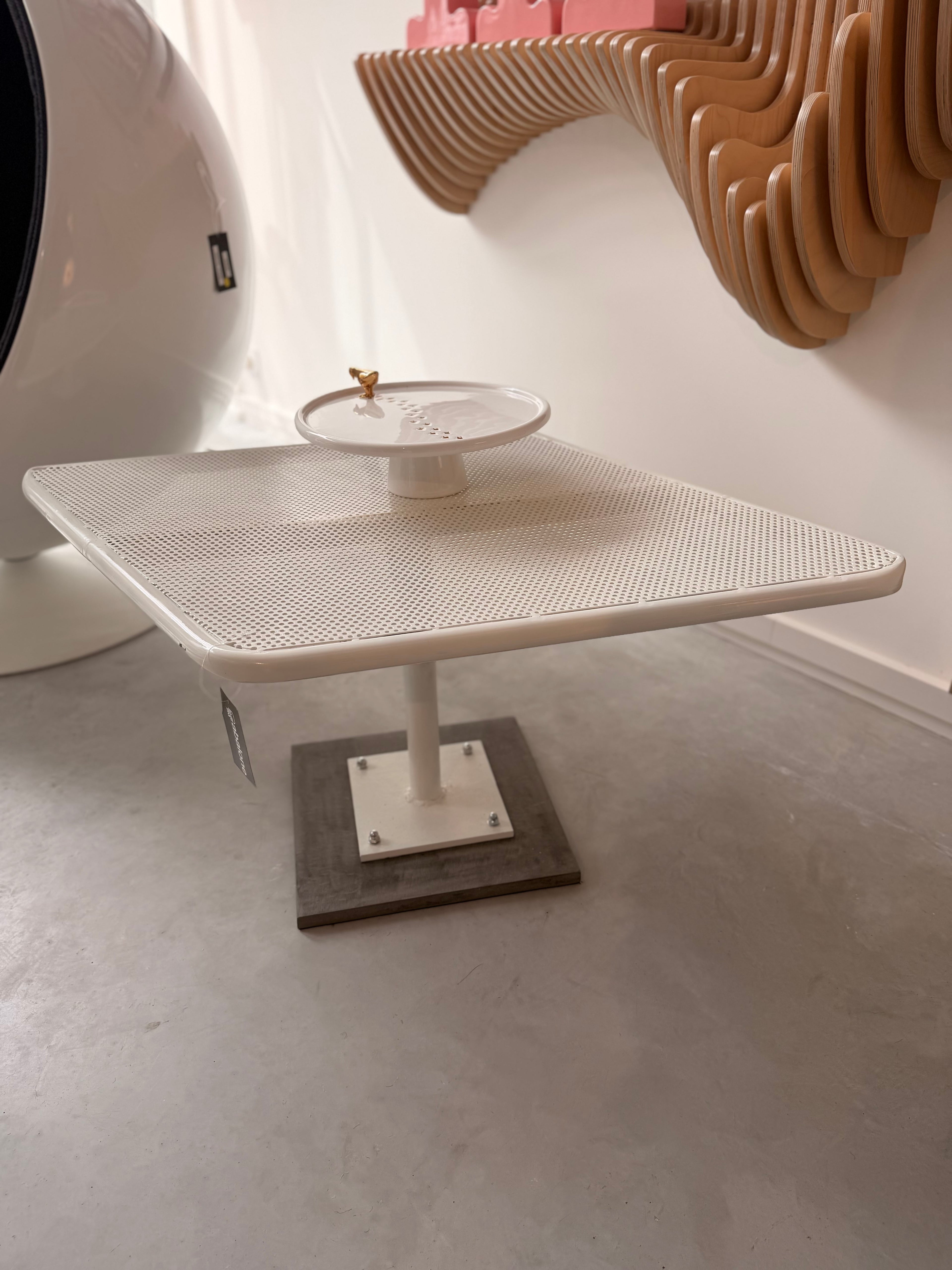 White Perforated Metal Designer Coffee Table – Modernist / Matégot Style