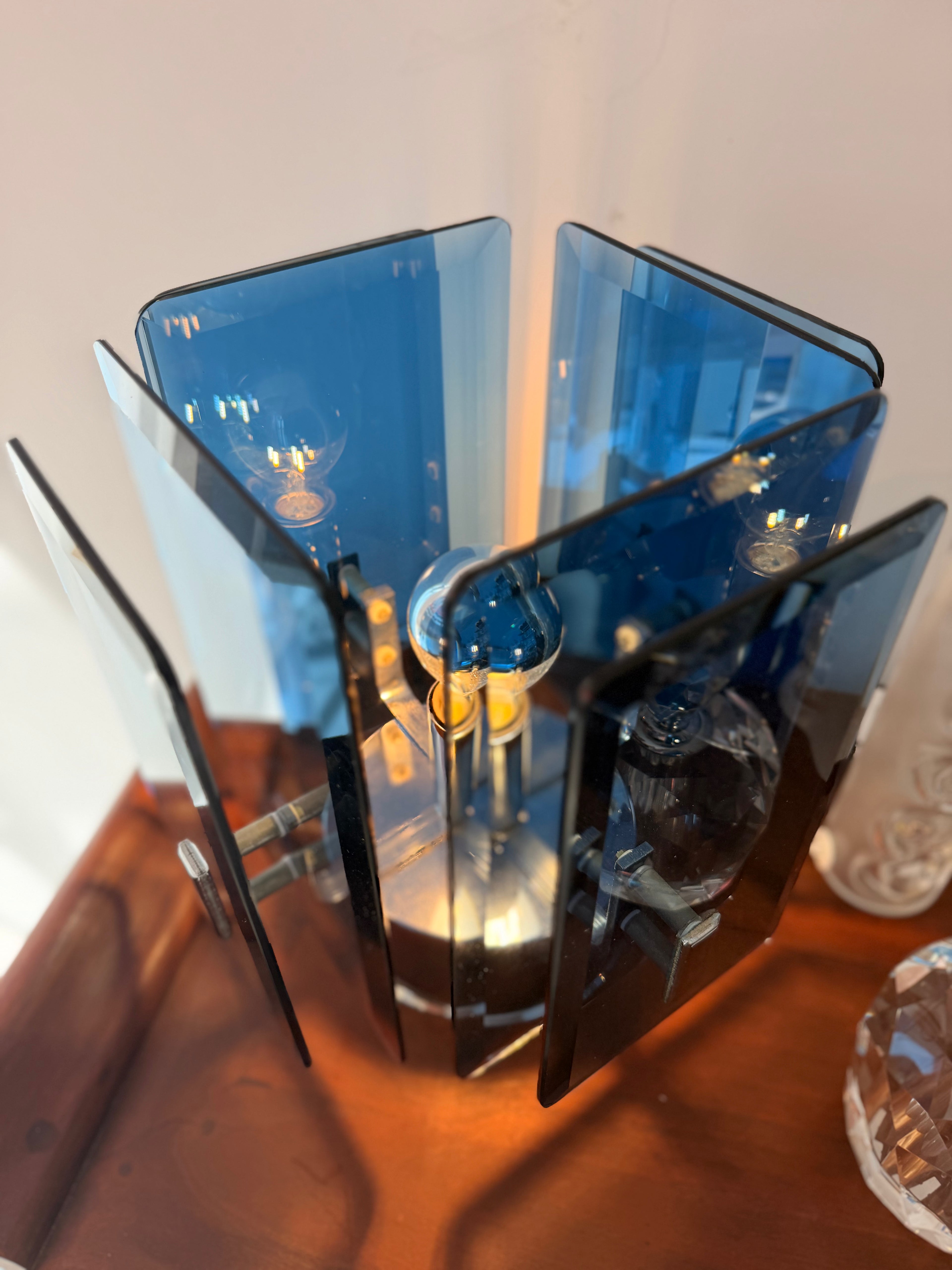 Lampe de Table Architecturales à Plaques de Verre Murano & Métal Chromé — Design Moderniste & Brutaliste (Années 70)
